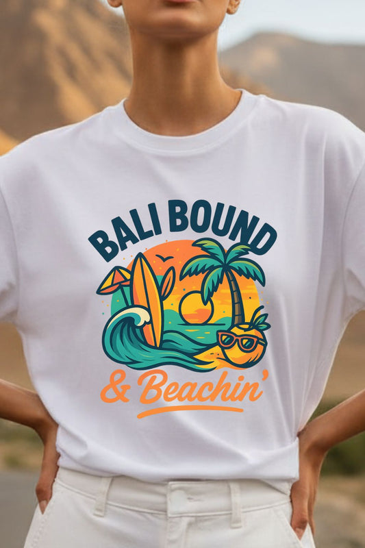 JUNOSHI India To Bali Tee Close-Up — DTF Chest Print Detail, Bali Bound Design for Indian Travellers