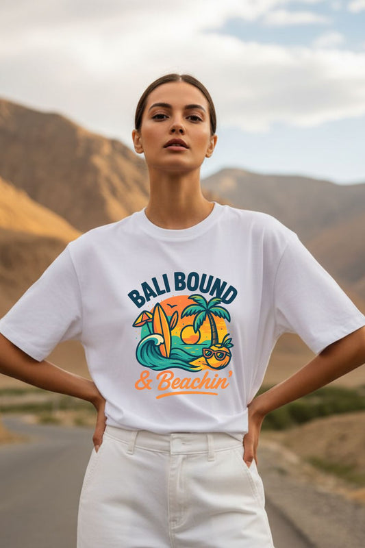 JUNOSHI India To Bali Oversized Tee Women — Bali Travel Streetwear, Wanderlust Graphic Tee India
