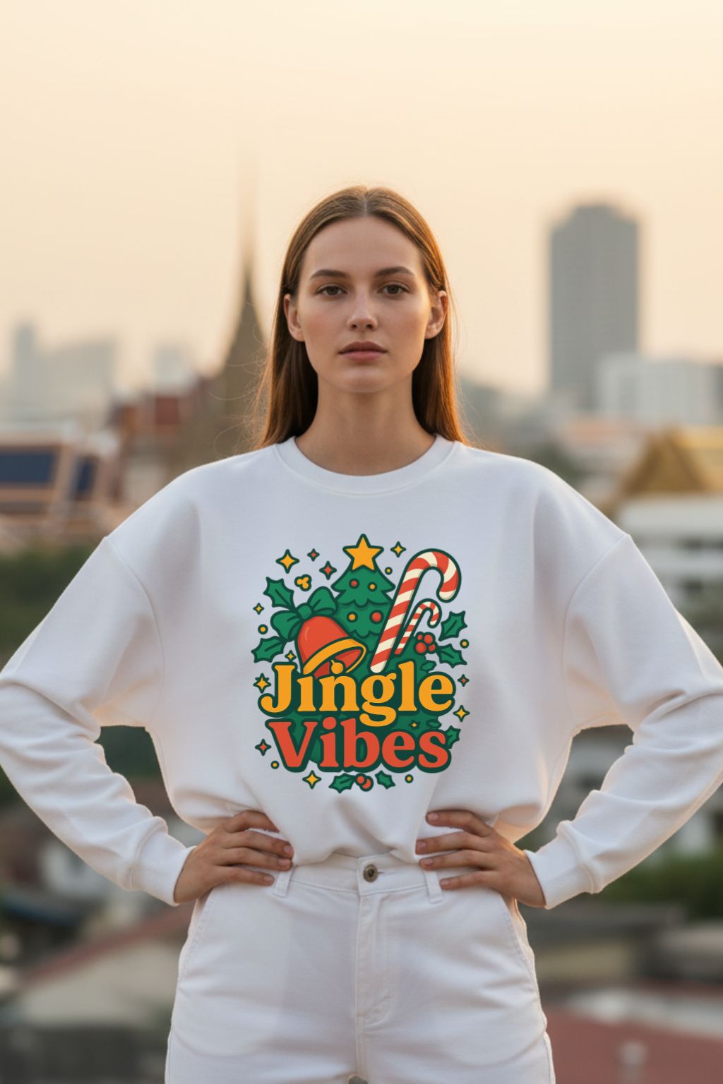 Woman wearing a white oversized sweatshirt with 'Jingle Vibes' design in an urban setting