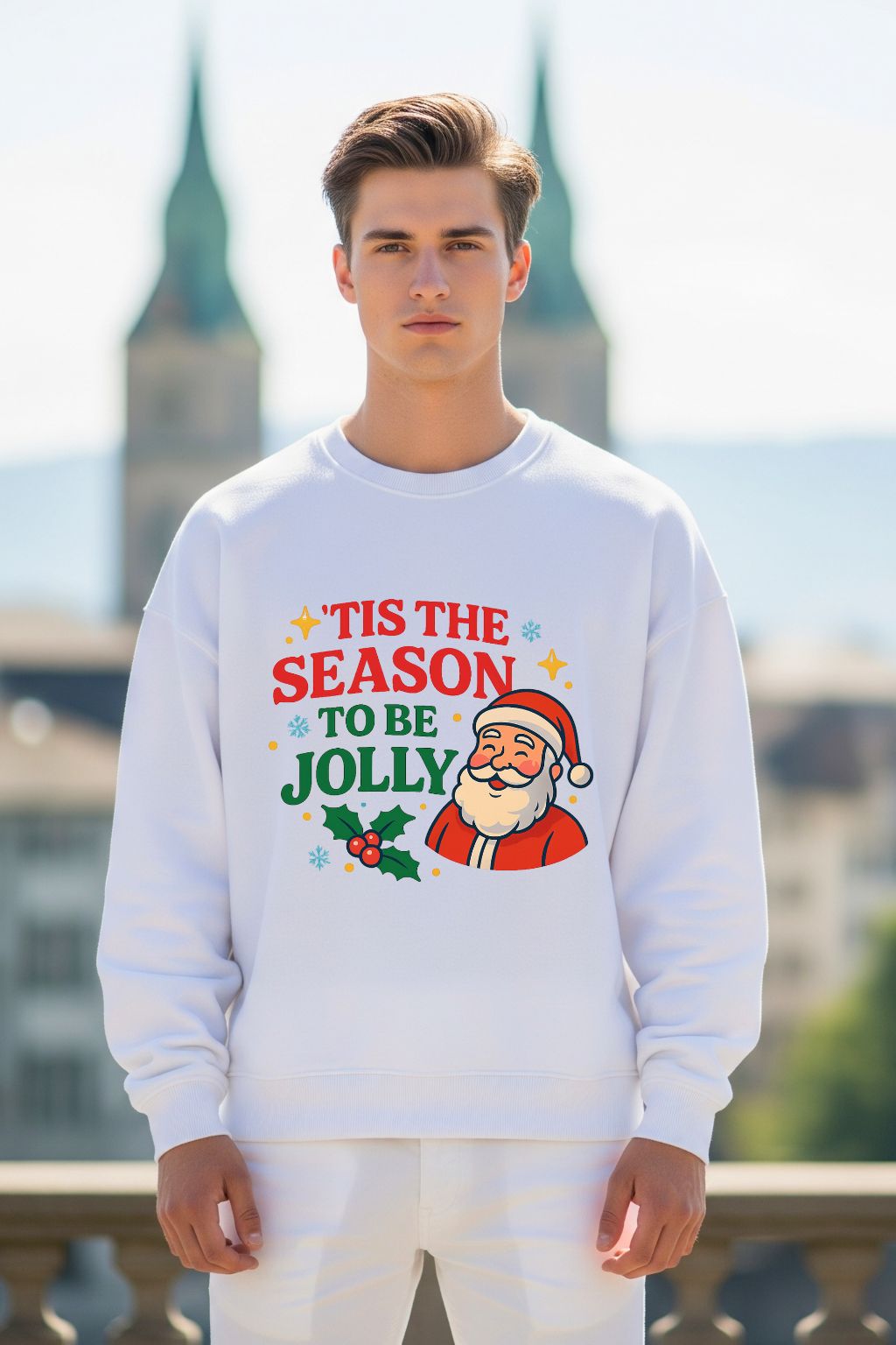 Man wearing a white oversized sweatshirt with Christmas-themed text and Santa Claus graphic, standing outdoors.