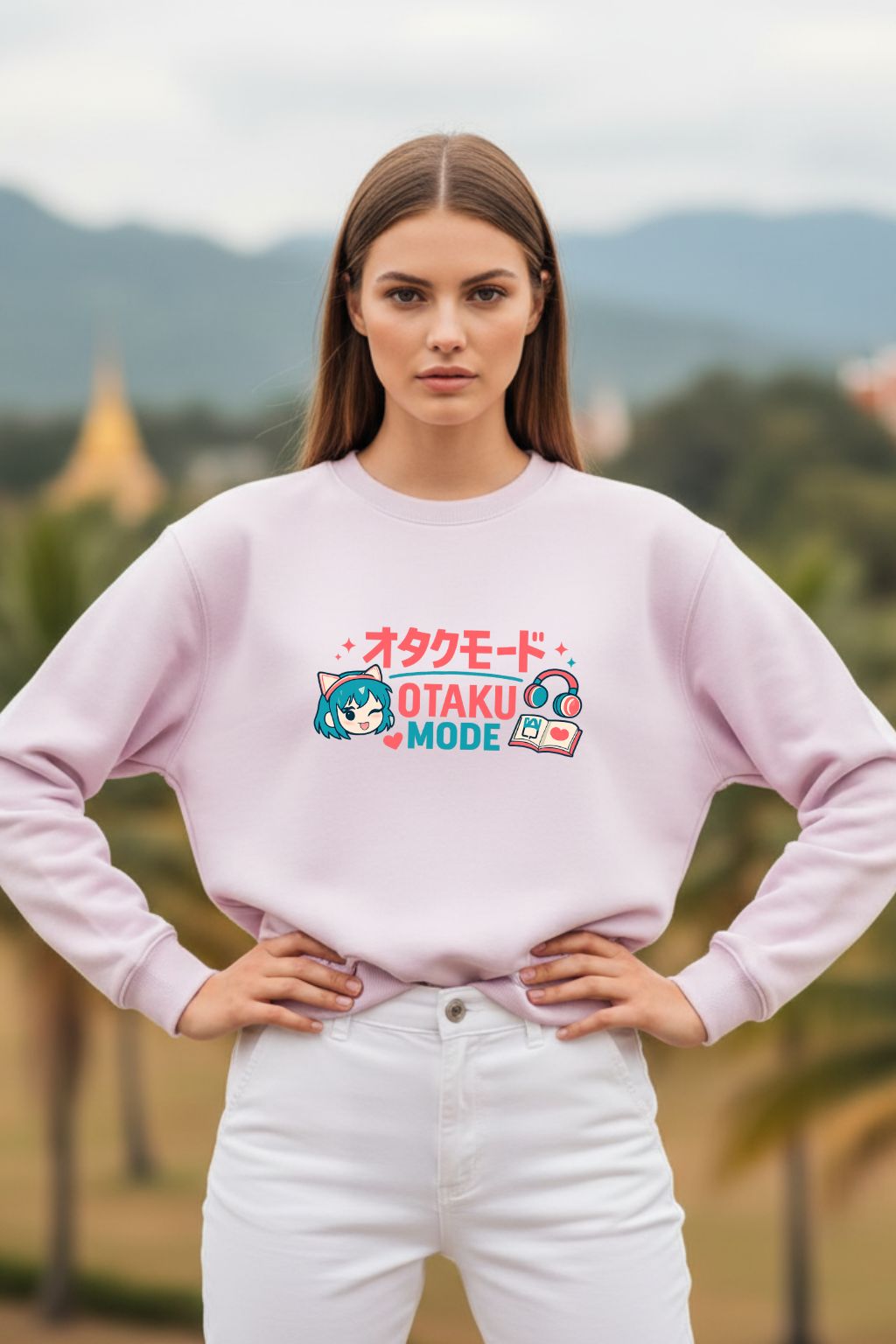Woman in light pink oversized sweatshirt featuring Otaku Mode kawaii anime girl graphic with Japanese katakana text, hands on hips, outdoor backdrop — ZUPPI
