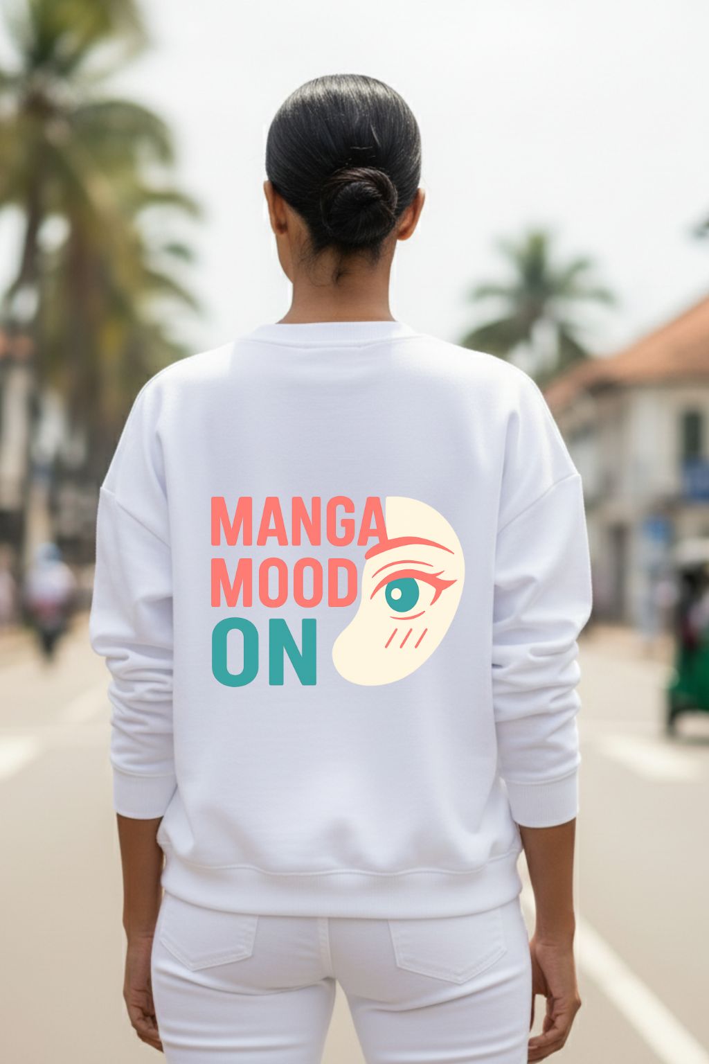 back view of an Indian woman wearing white oversized anime sweatshirt with Otaku Mode kawaii graphic print and Japanese text, casual street style — ZUPPI