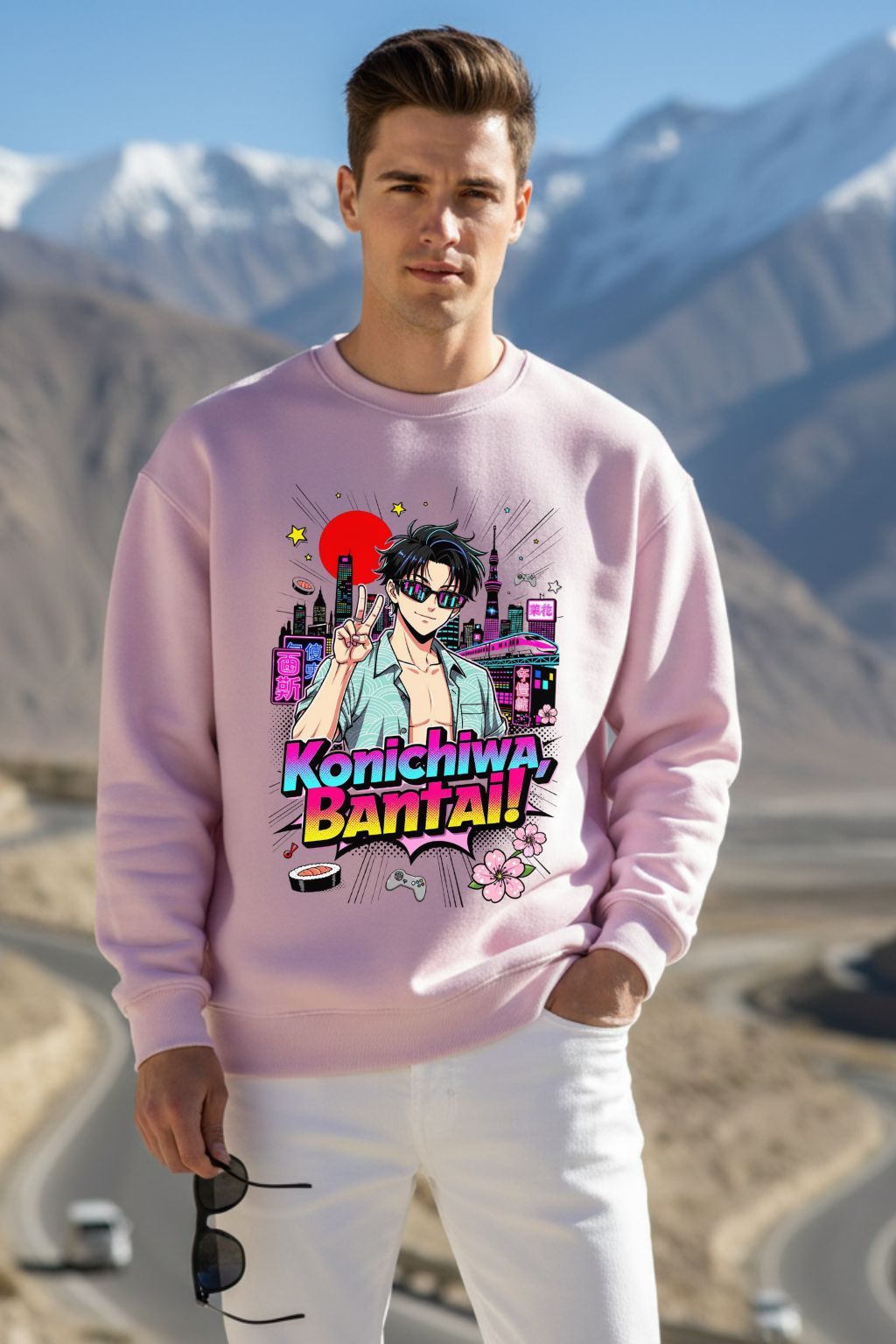 Man wearing a light baby pink oversized sweatshirt with anime design in a mountainous landscape