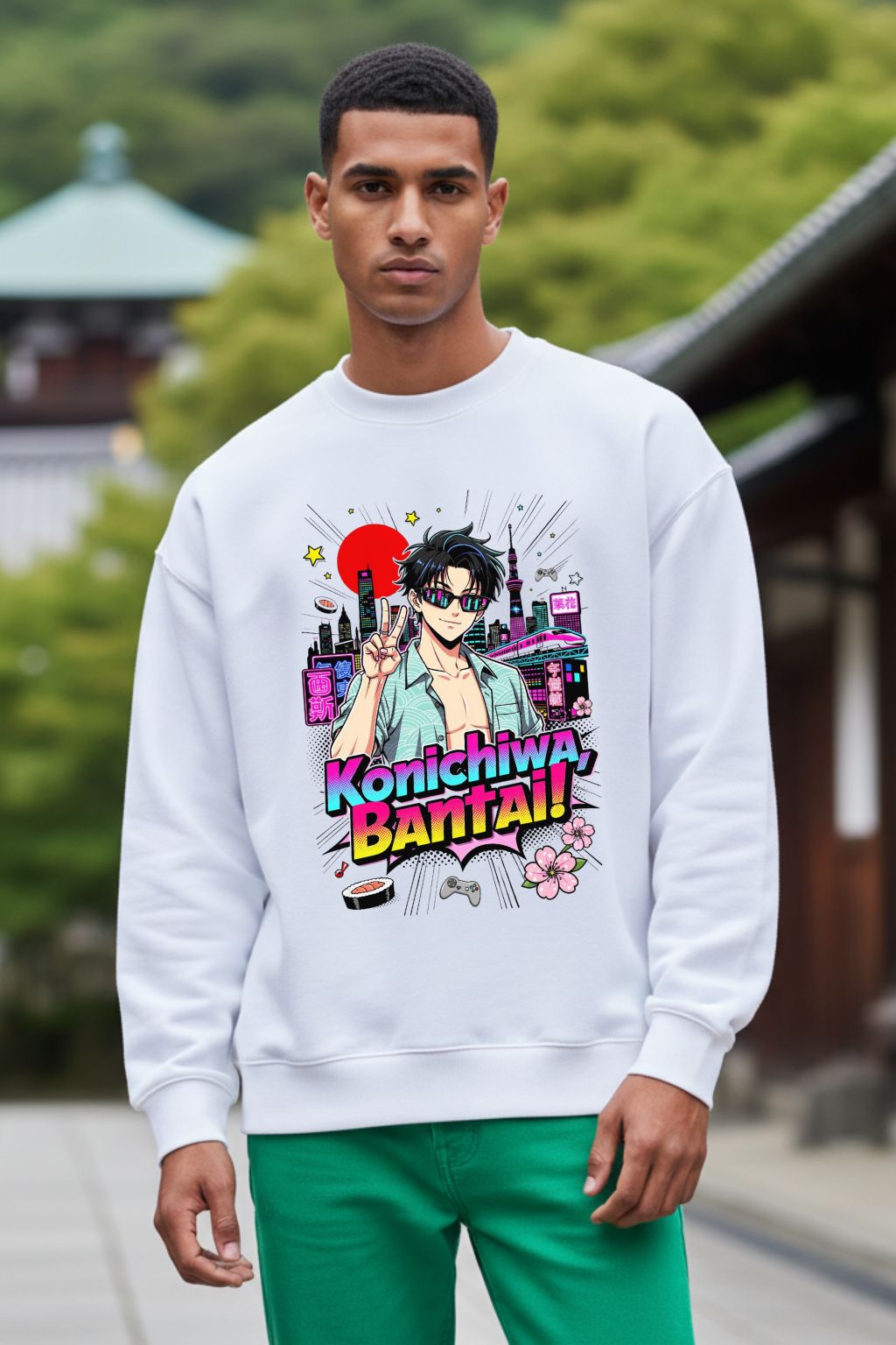 Man wearing a white oversized sweatshirt with colorful graphic design outdoors.