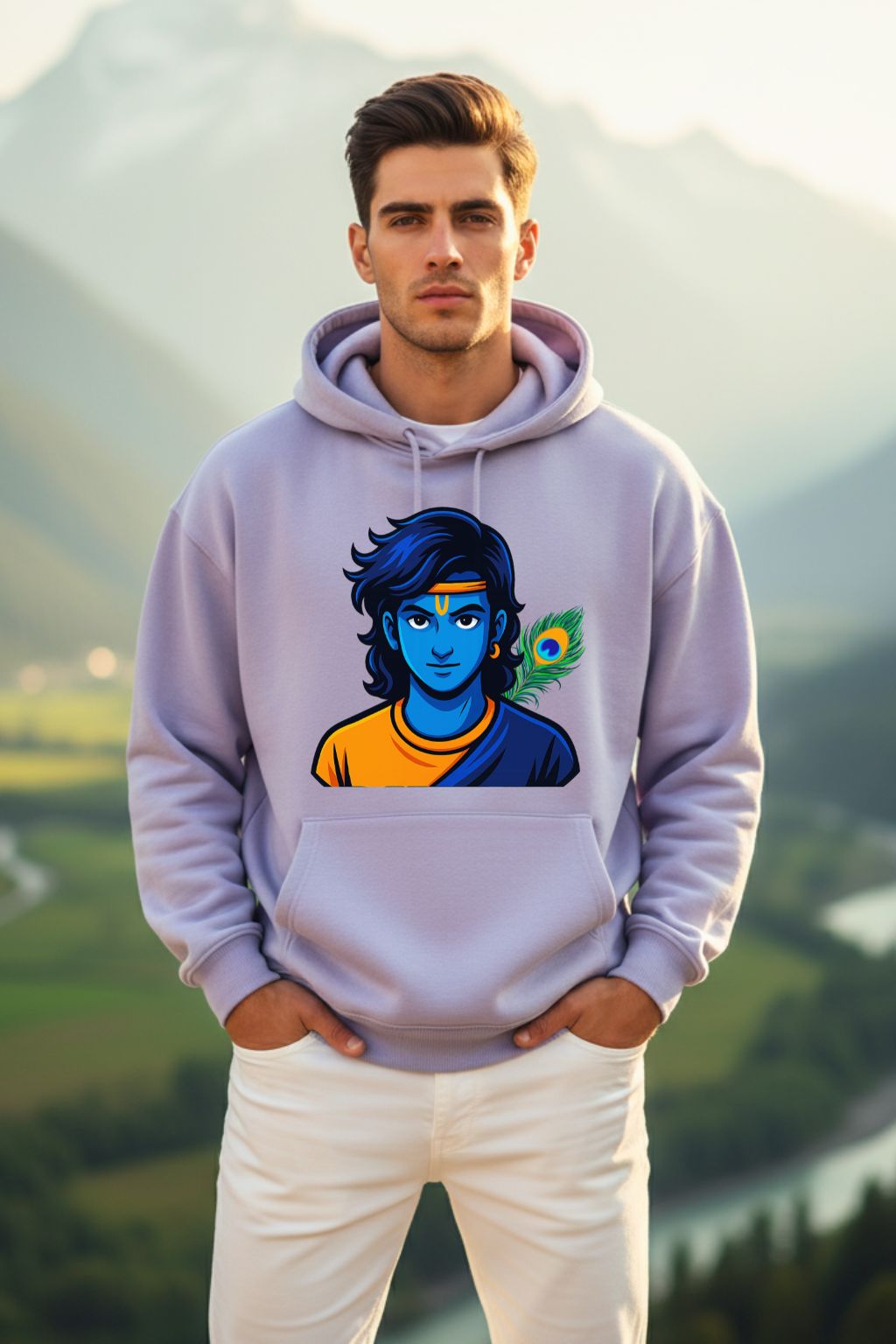 Krishna Divine Beat oversized hoodie in lavender — anime mythology streetwear for Indian men — ZUPPI