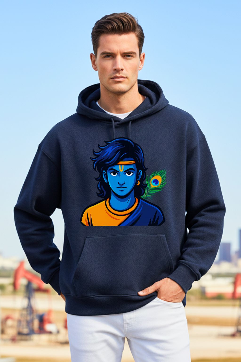 Krishna anime oversized hoodie in navy blue — cultural fusion streetwear for college men India — ZUPPI