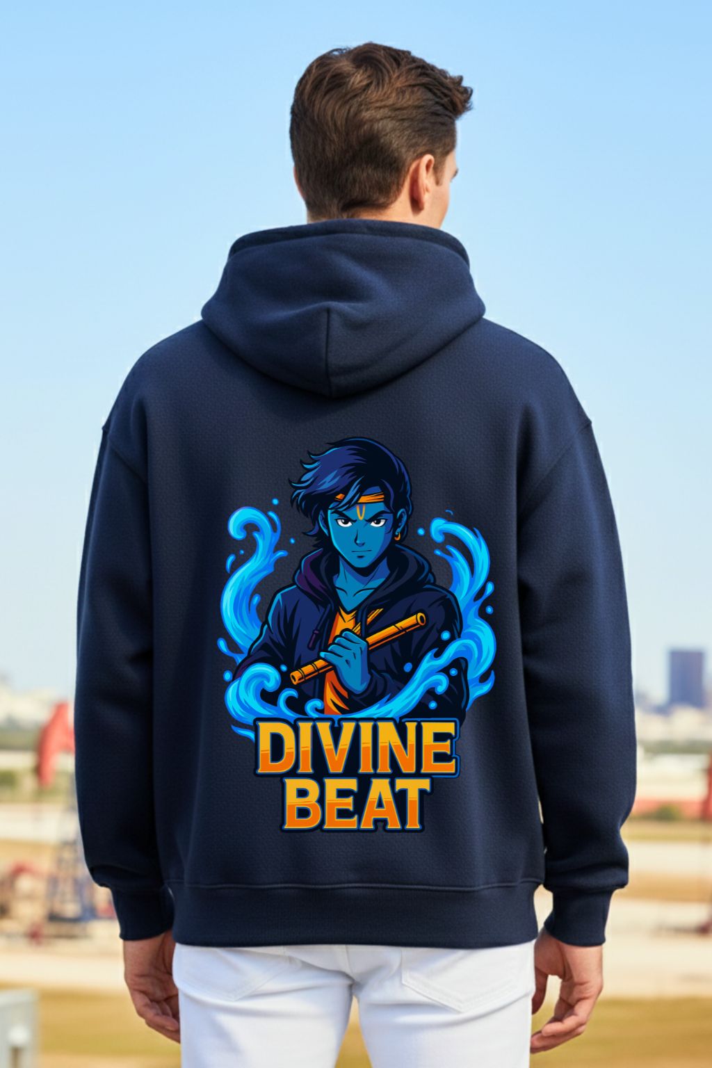 Close up of Divine Beat Krishna anime hoodie in navy blue — high contrast DTF print — ZUPPI