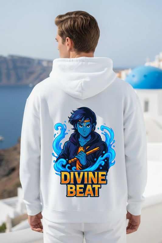 Back view of Krishna Divine Beat oversized hoodie in white — bold DTF print detail — desi anime streetwear — ZUPPI