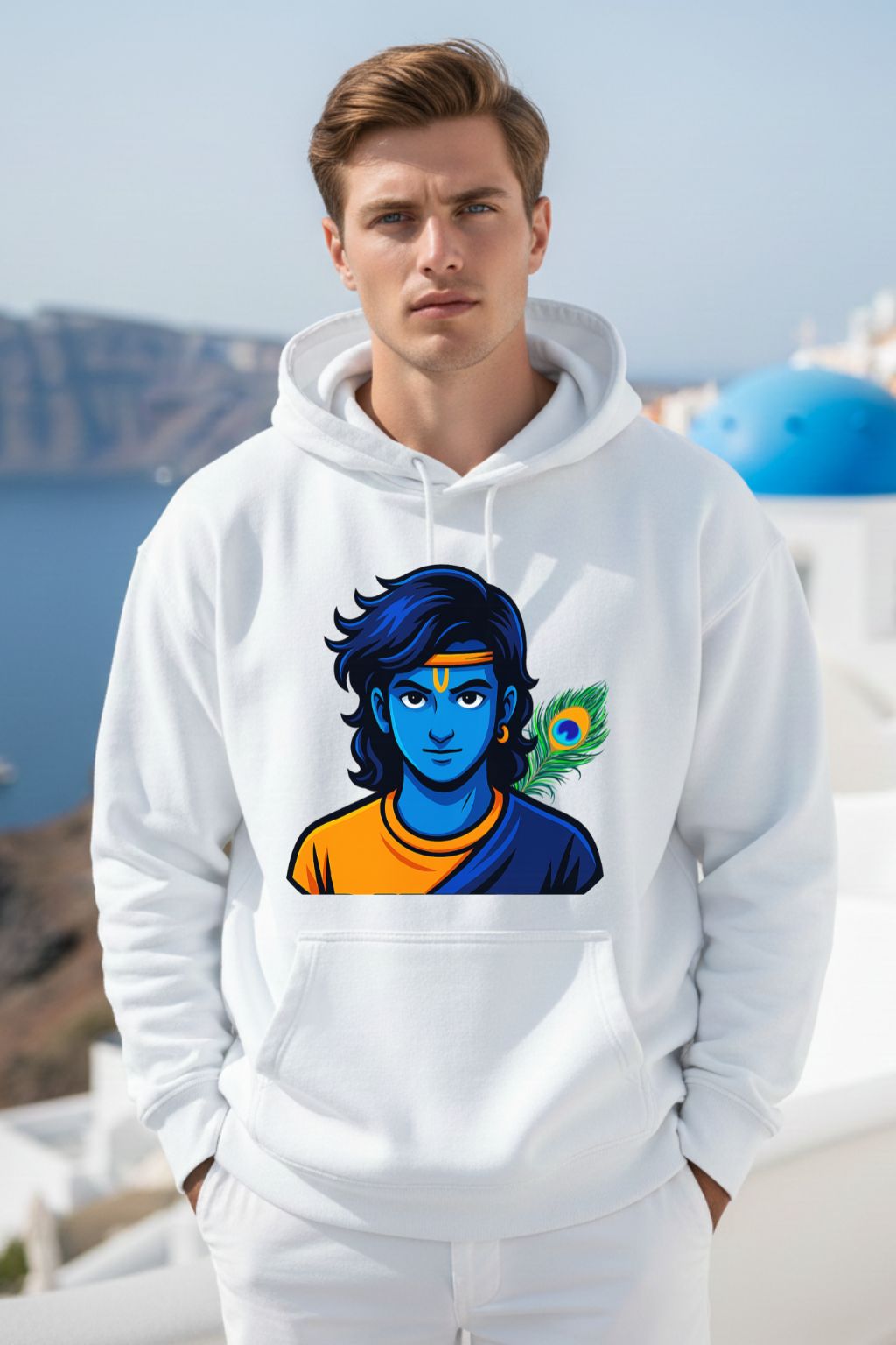 Krishna anime fusion oversized hoodie in white — divine streetwear for Indian Gen Z men — ZUPPI