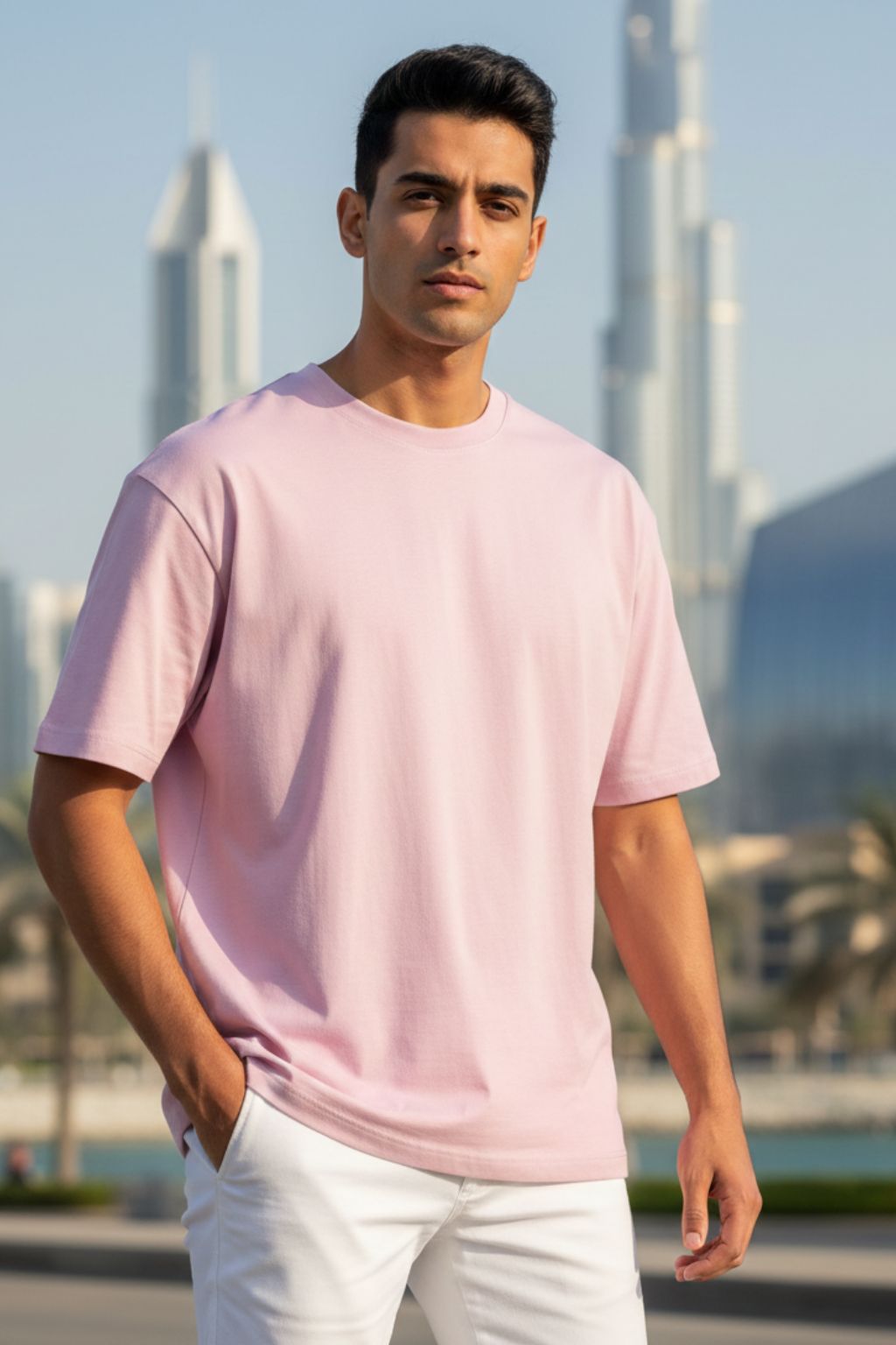 Man wearing a light baby pink oversized t-shirt and white pants standing in front of modern skyscrapers.