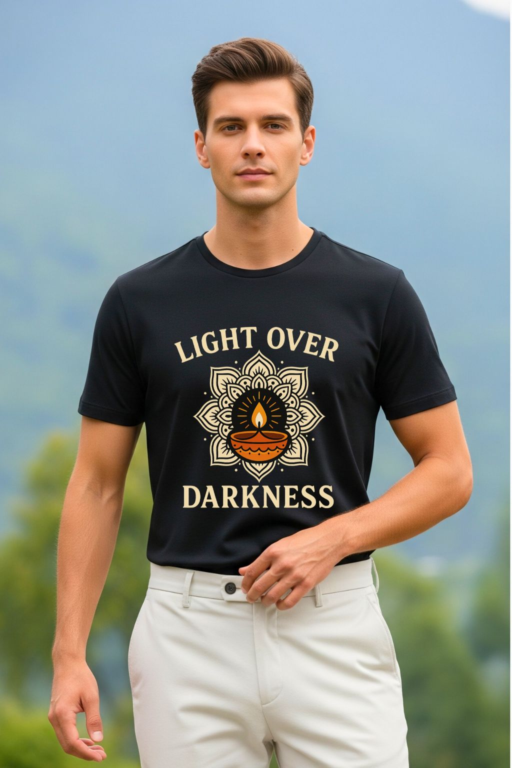 Black graphic t-shirt featuring the inspirational phrase 'Light Over Darkness' in a unique font. A perfect choice for motivational and modern spiritual wear, inspired by a powerful message.