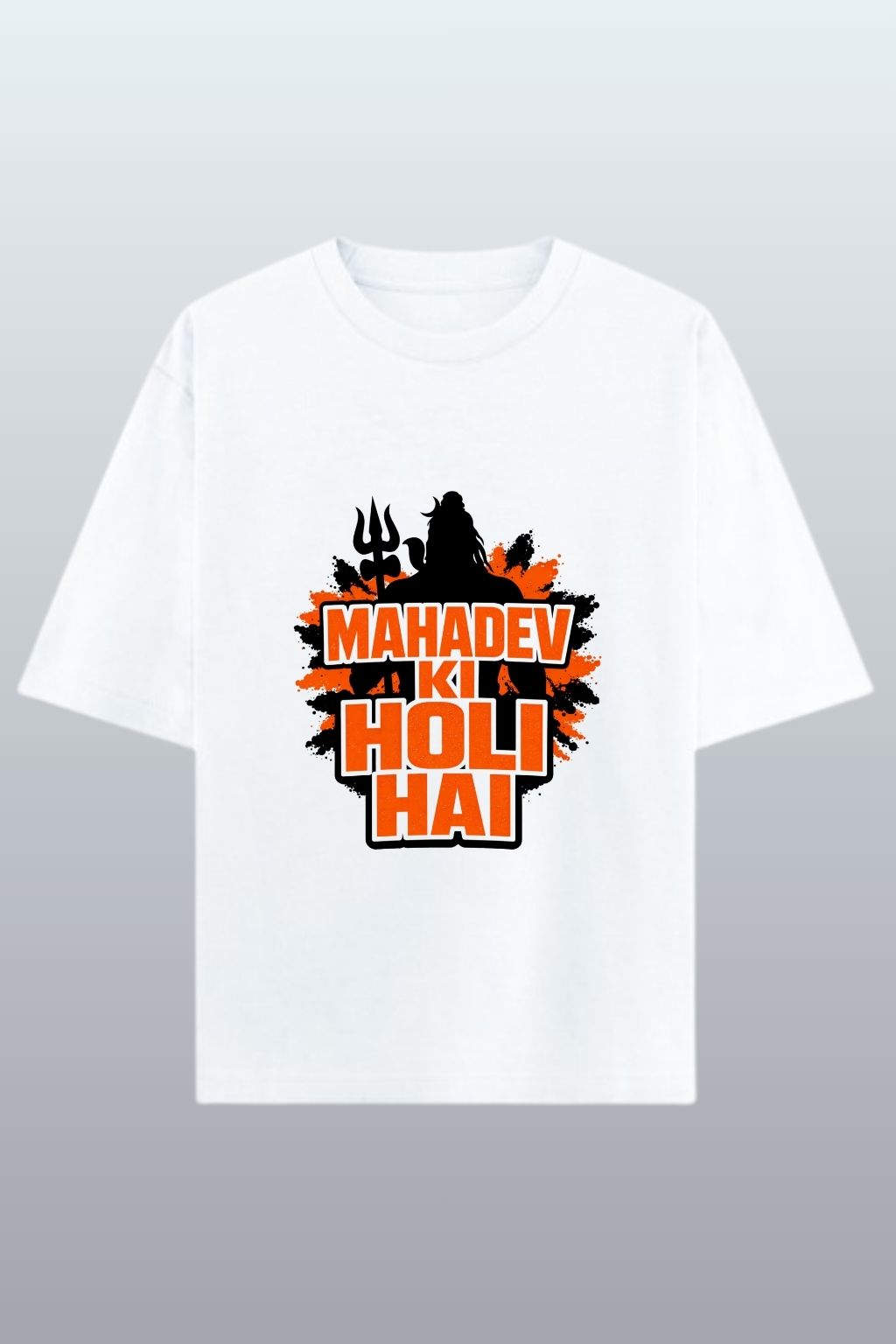flat lay view of the white oversized t-shirt with a black and orange graphic design "mahadev ki holi hai" on a gray background