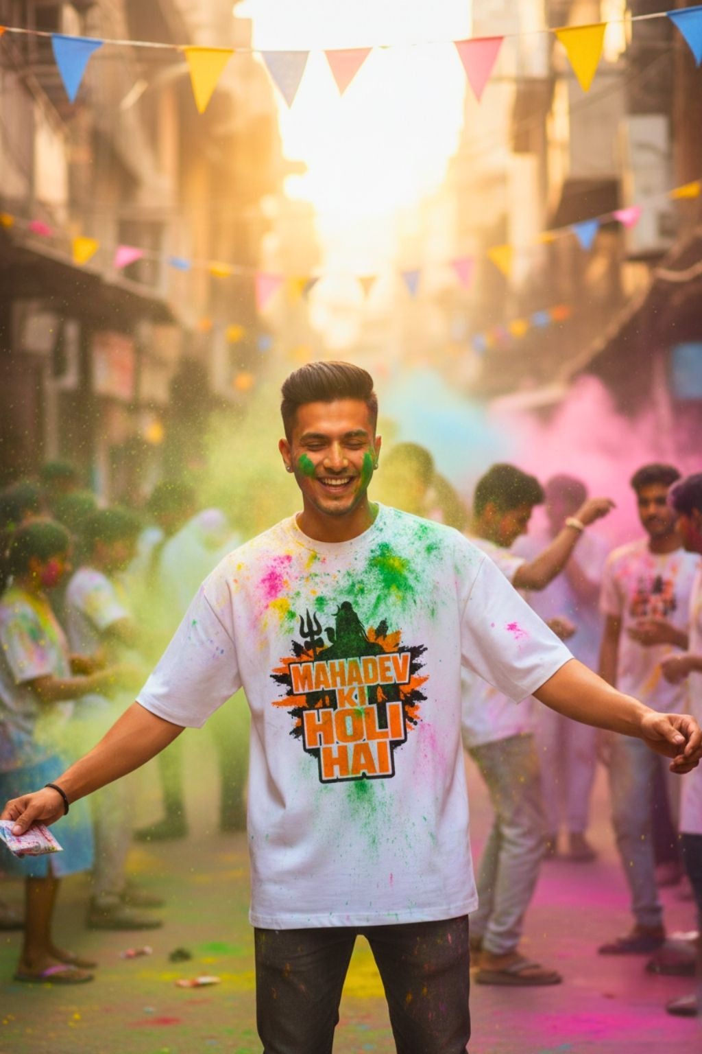 man with colorful face and paint splashes, wearing a 'Mahadev Holi Hai' shirt, amidst a festive crowd with Holi powder and decorations.
