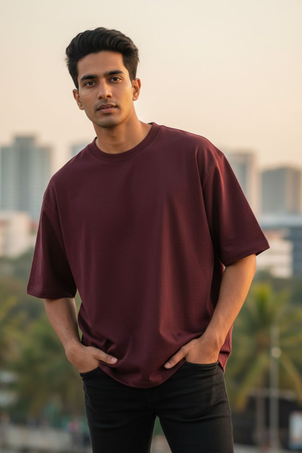 Man wearing a maroon oversized t-shirt with a blurred cityscape background