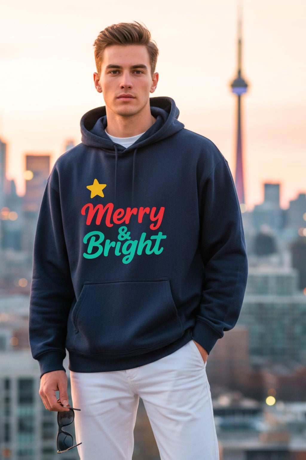 Man wearing a navy blue oversized  hoodie with 'Merry & Bright' text, standing against a cityscape background.
