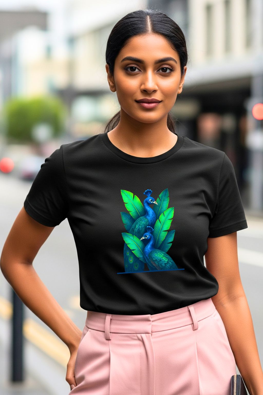 Bold peacock print graphic tee for women in black — neon tropical design by ZUPPI India