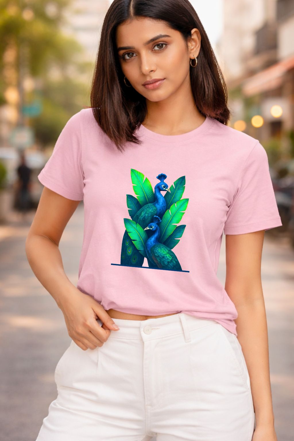 Indian woman wearing peacock print graphic t-shirt in pink — neon blue green design by ZUPPI