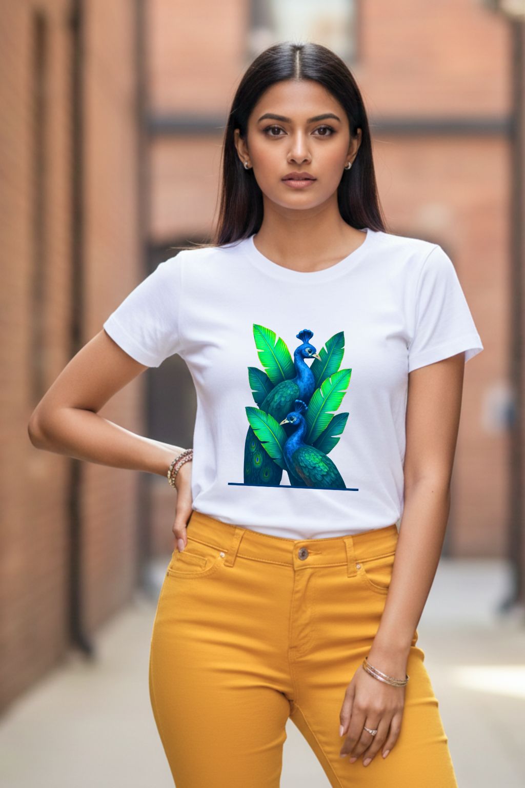 Peacock and banana leaf print t-shirt for women in white — aesthetic DTF graphic tee ZUPPI