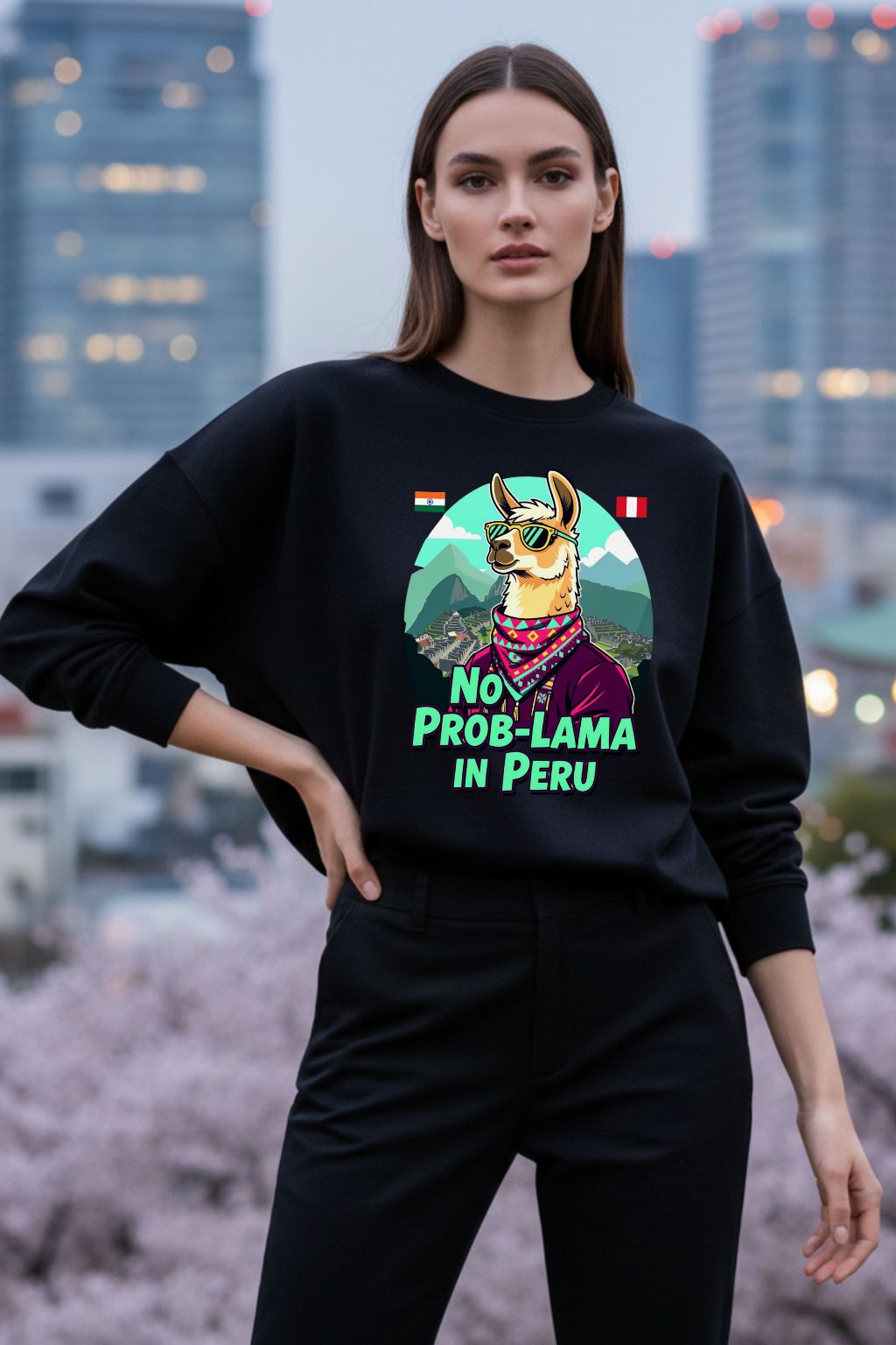 Woman wearing a black oversized sweatshirt with a llama graphic and text, standing in an urban setting.
