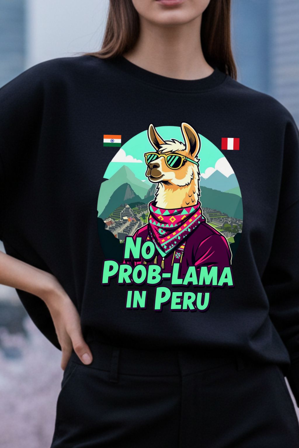 close up view of a woman wearing a black oversized sweatshirt with a llama graphic and text 'No Prob-Lama in Peru'.