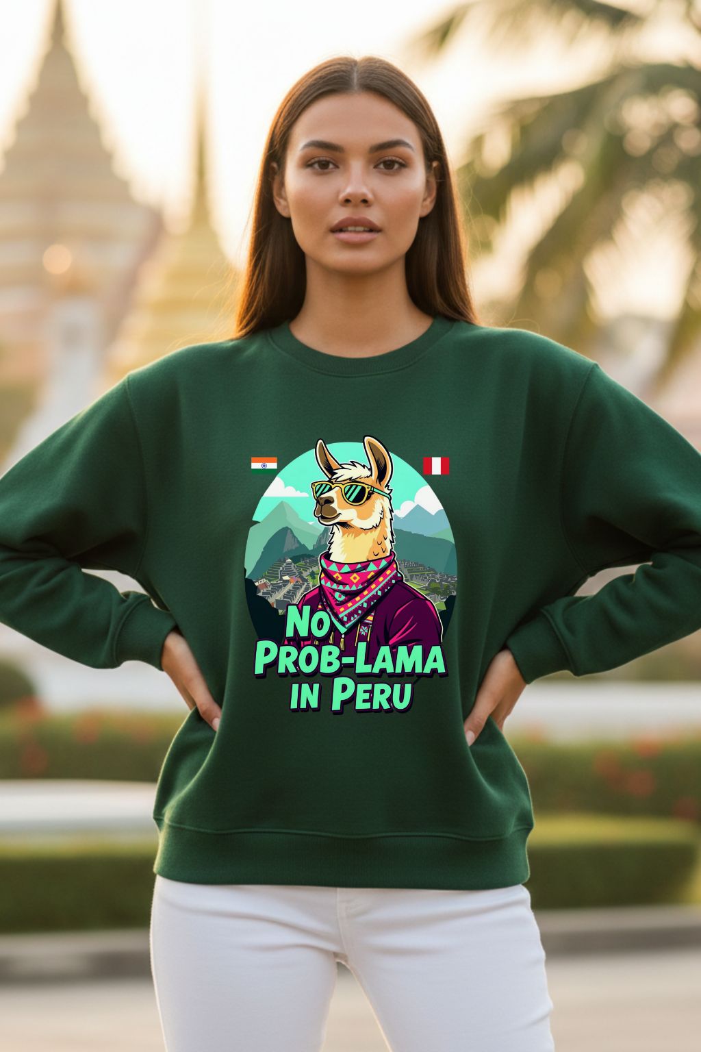 Woman wearing a bottle green oversized sweatshirt with a llama graphic and text, standing outdoors.