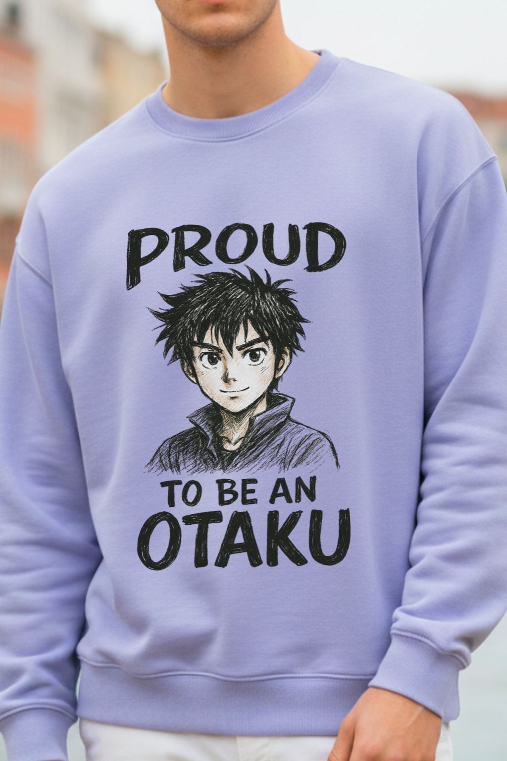 Close-up of Proud to be an Otaku anime graphic on Lavender Oversized Sweatshirt — DTF printed anime merch India
