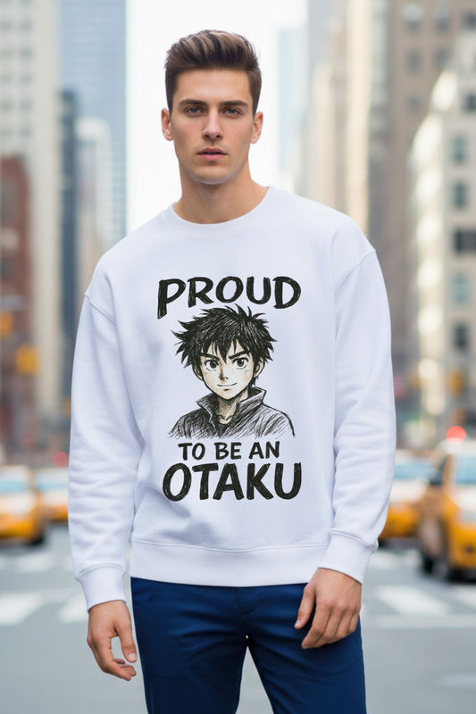 White Otaku Anime Proud Oversized Sweatshirt for Men — bold anime graphic streetwear India