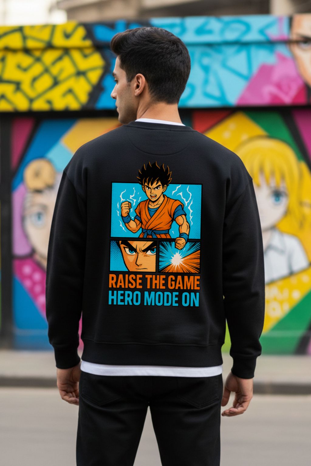 ZUPPI Hero Mode Oversized Sweatshirt back view — anime graphic print on black streetwear — urban mural setting — Black