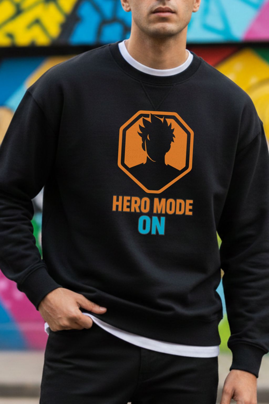 ZUPPI Hero Mode On graphic close-up — DTF print detail on black anime sweatshirt — bold chest print — Black