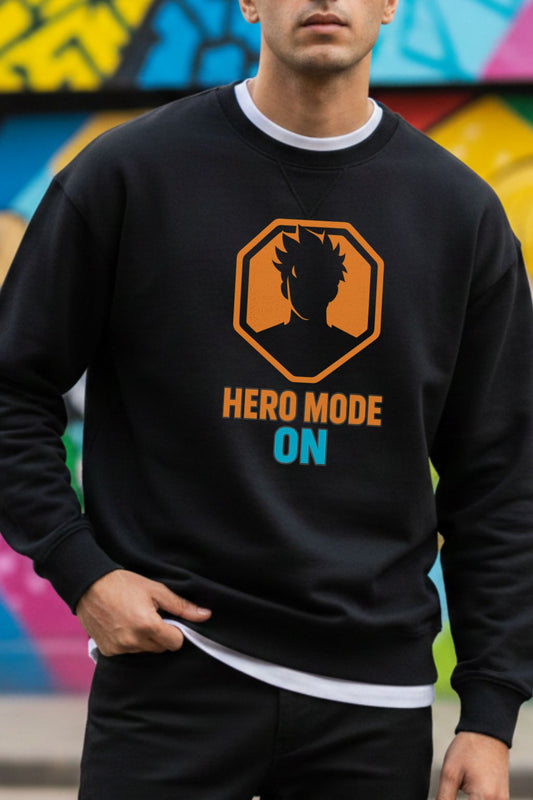 ZUPPI Hero Mode On graphic close-up — DTF print detail on black anime sweatshirt — bold chest print — Black