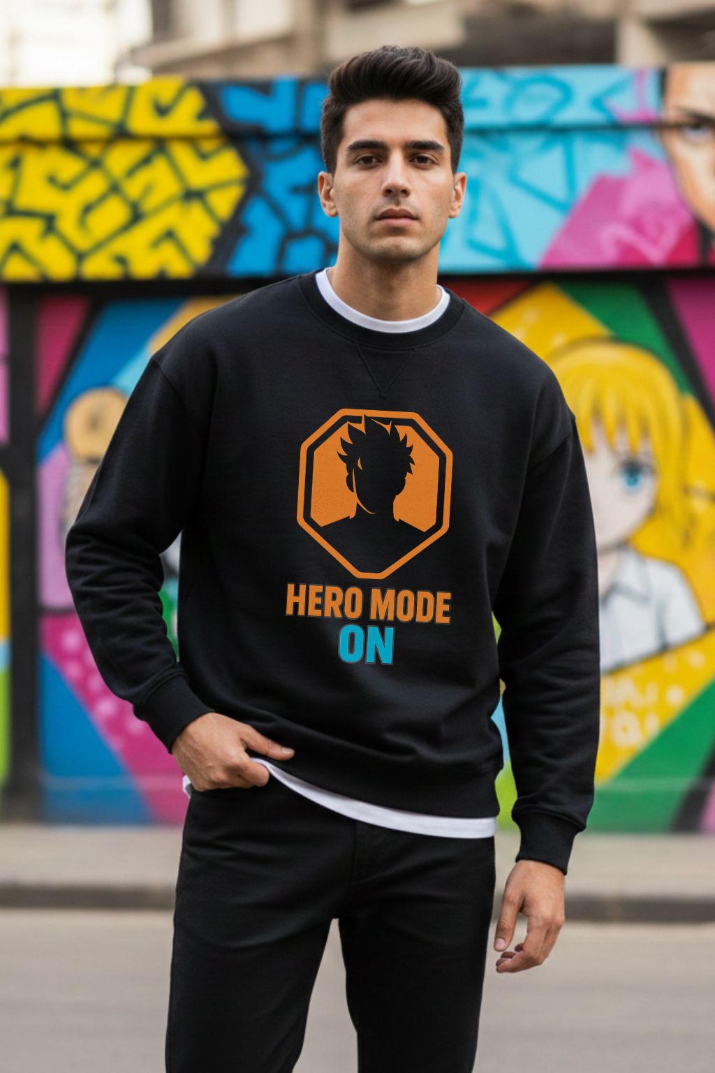 ZUPPI Hero Mode Oversized Sweatshirt — anime streetwear for Indian otaku fans — graffiti street backdrop — Black