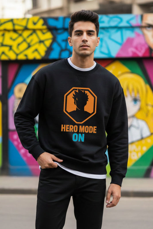 ZUPPI Hero Mode Oversized Sweatshirt — anime streetwear for Indian otaku fans — graffiti street backdrop — Black