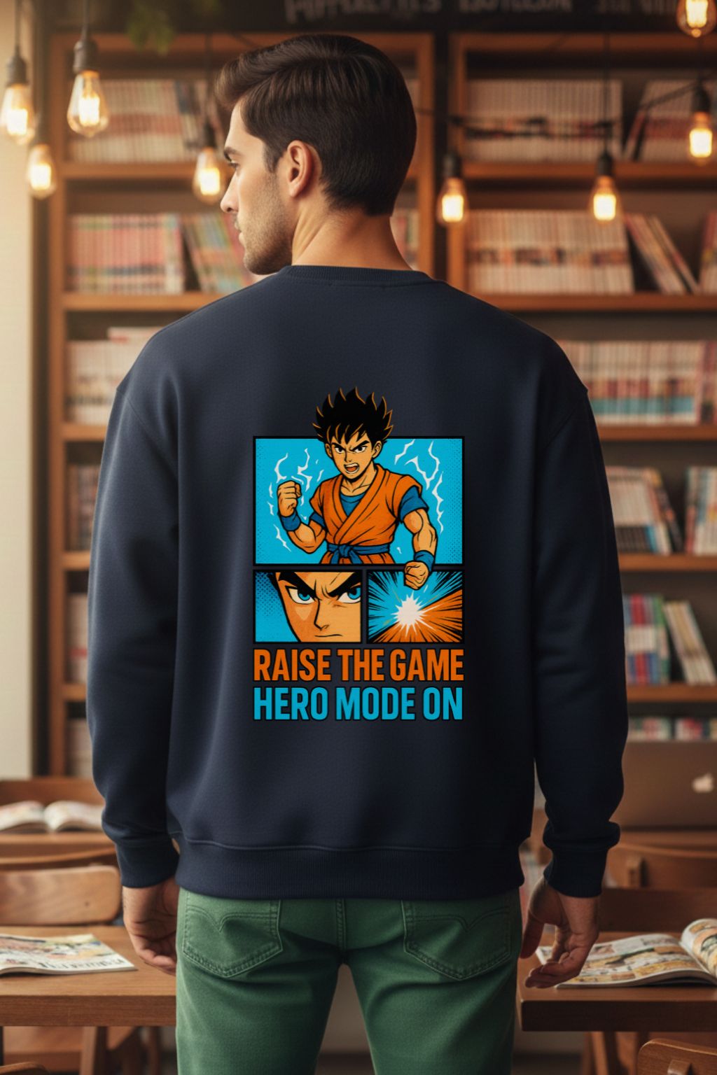 ZUPPI Hero Mode Oversized Sweatshirt back view — anime graphic print on navy blue — college lifestyle — Navy Blue