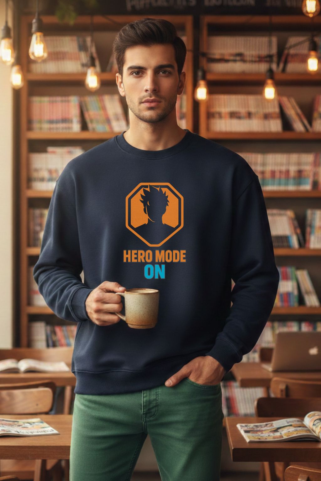 ZUPPI Hero Mode Oversized Sweatshirt — anime otaku streetwear India — college library lifestyle shot — Navy Blue
