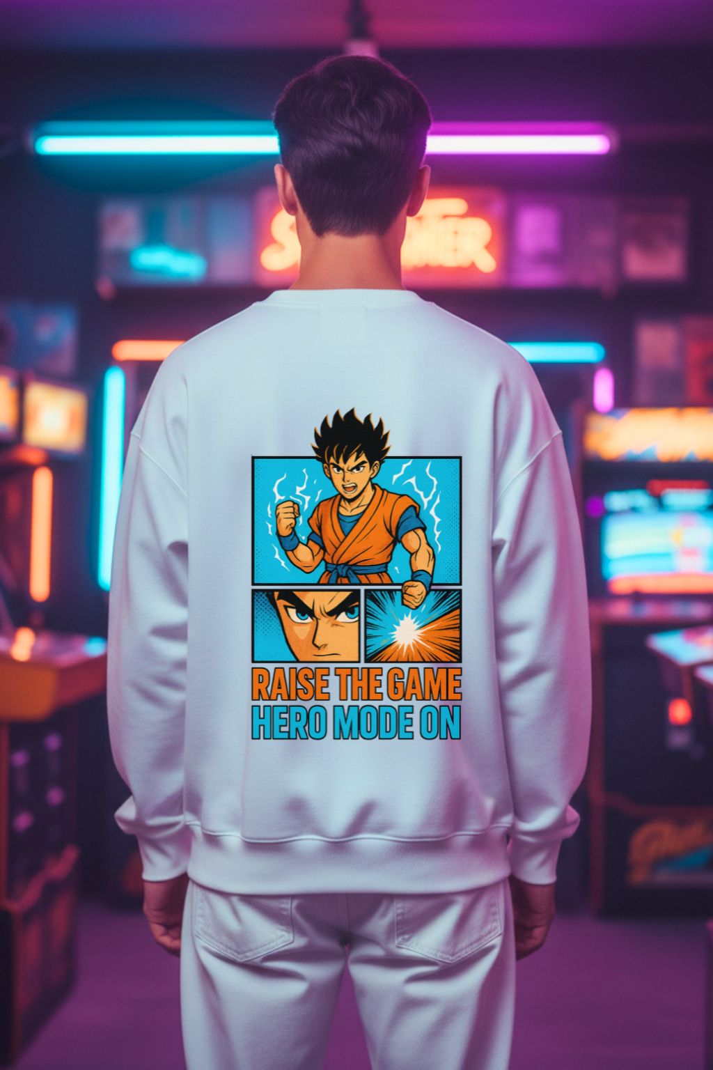 ZUPPI Hero Mode Oversized Sweatshirt back view — anime graphic DTF print — neon arcade setting — White