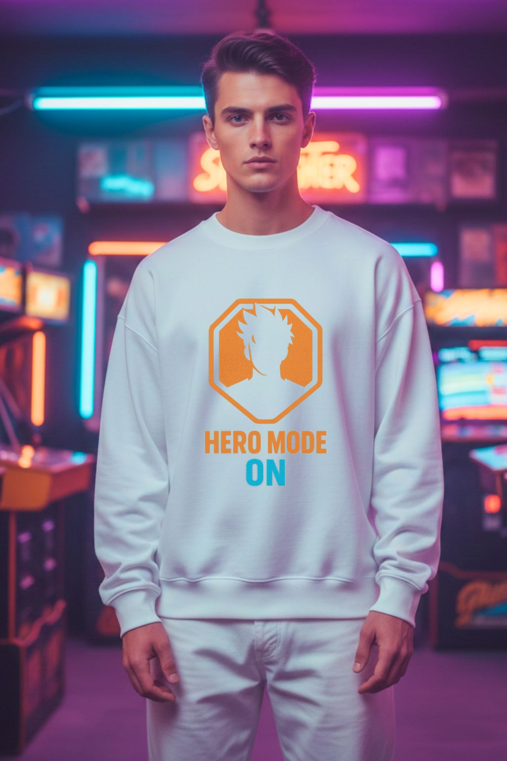 ZUPPI Hero Mode Oversized Sweatshirt — anime fan streetwear India — neon arcade lifestyle shot — White