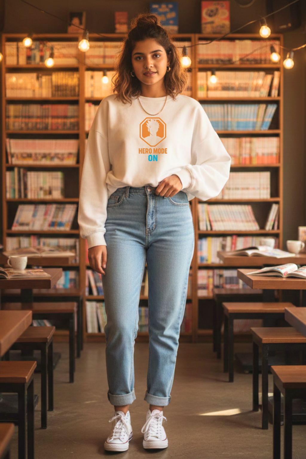 ZUPPI Hero Mode Unisex Oversized Sweatshirt — anime streetwear for women — library lifestyle shot — White