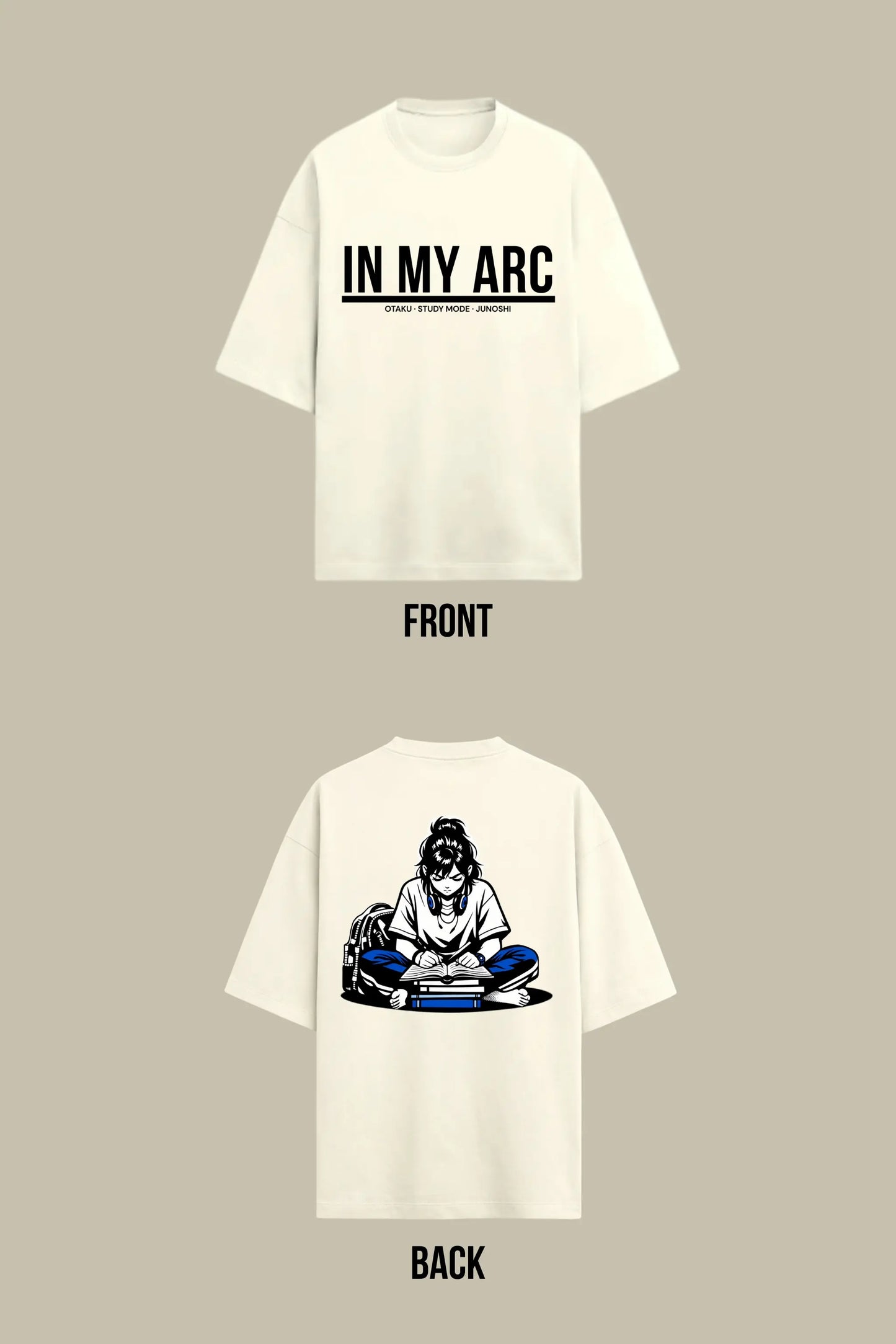 Junoshi otaku study mode flat lay — anime oversized terry tee off-white women India