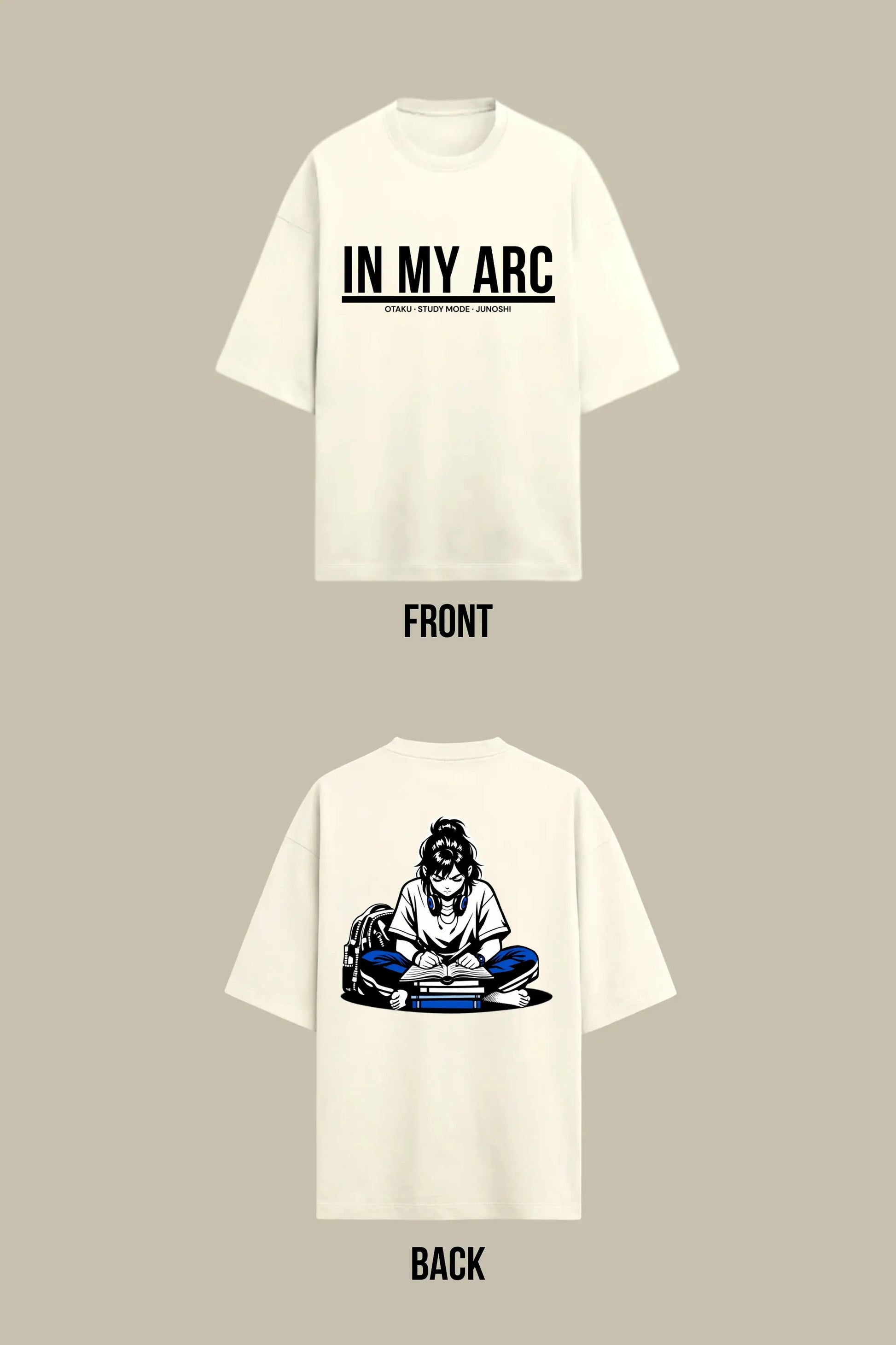 Junoshi otaku study mode flat lay — anime oversized terry tee off-white women India