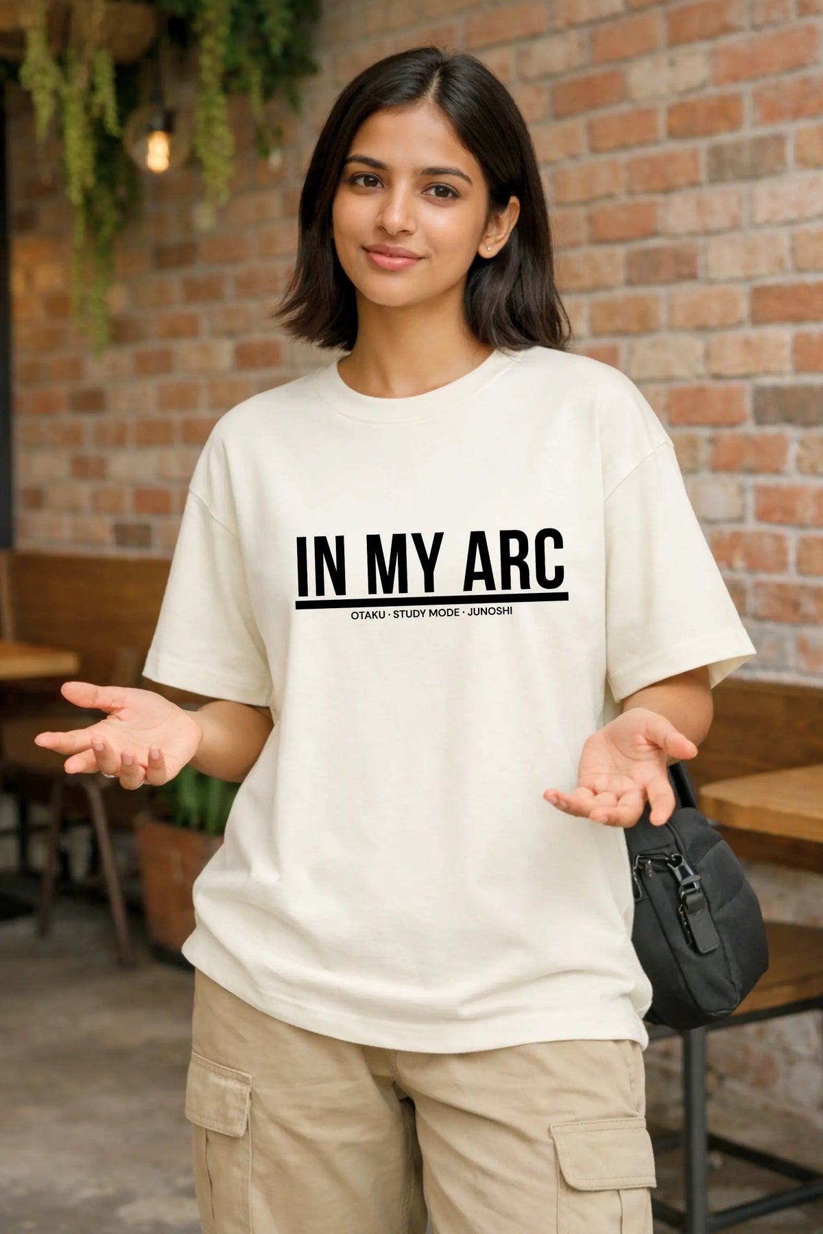 Junoshi anime study girl oversized terry tee for women in off-white — otaku streetwear India