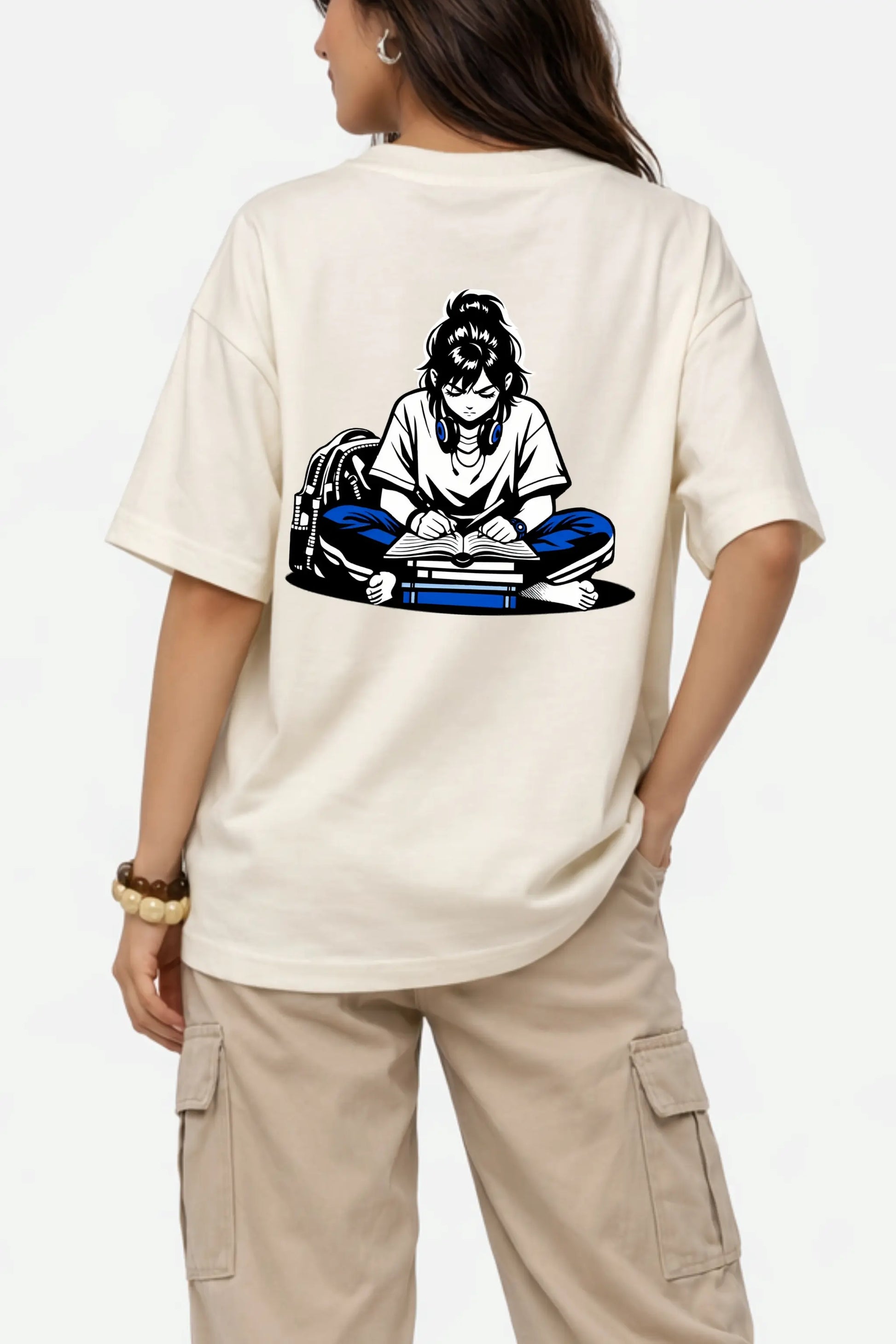 Junoshi otaku study mode oversized tee back print close-up — anime graphic DTF print women