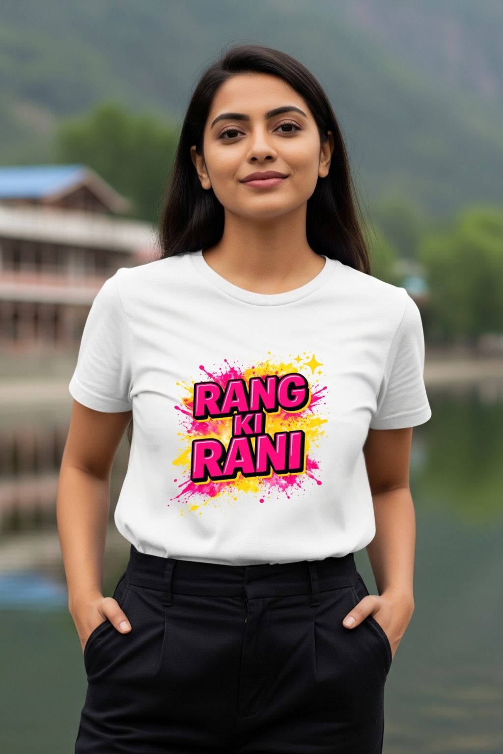 Woman wearing a white t-shirt with 'RANG KI RANI' text and colorful design outdoors.