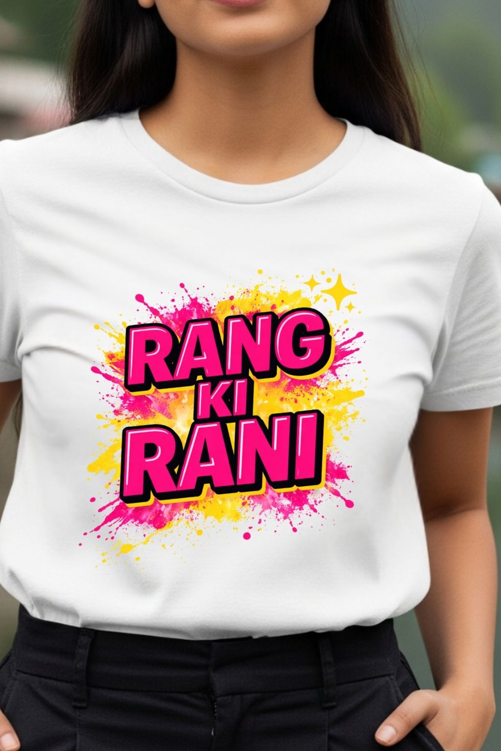 close up view of a woman wearing a white t-shirt with 'RANG KI RANI' text and colorful design.
