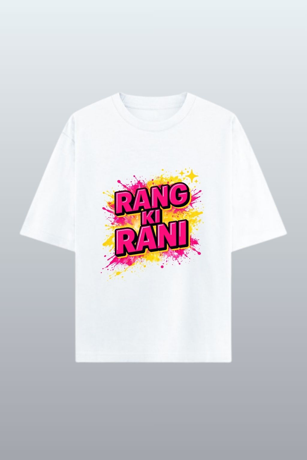White t-shirt with 'RANG KI RANI' text and colorful design on a grey background