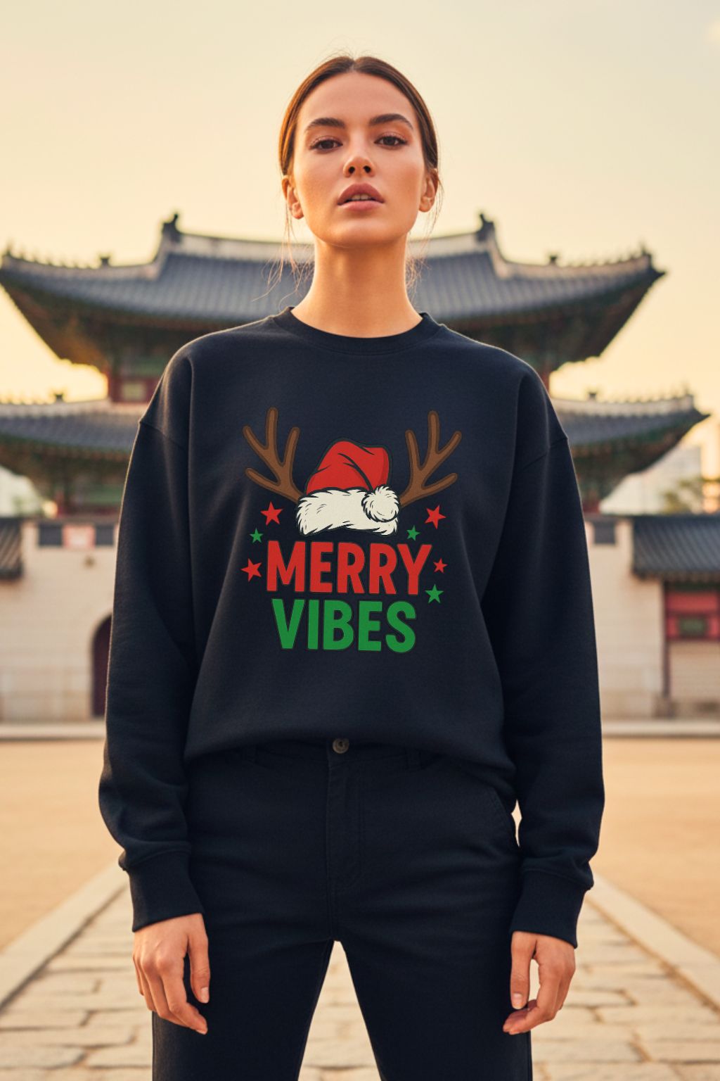 Woman wearing a black oversized sweatshirt with Christmas-themed design in front of traditional architecture.
