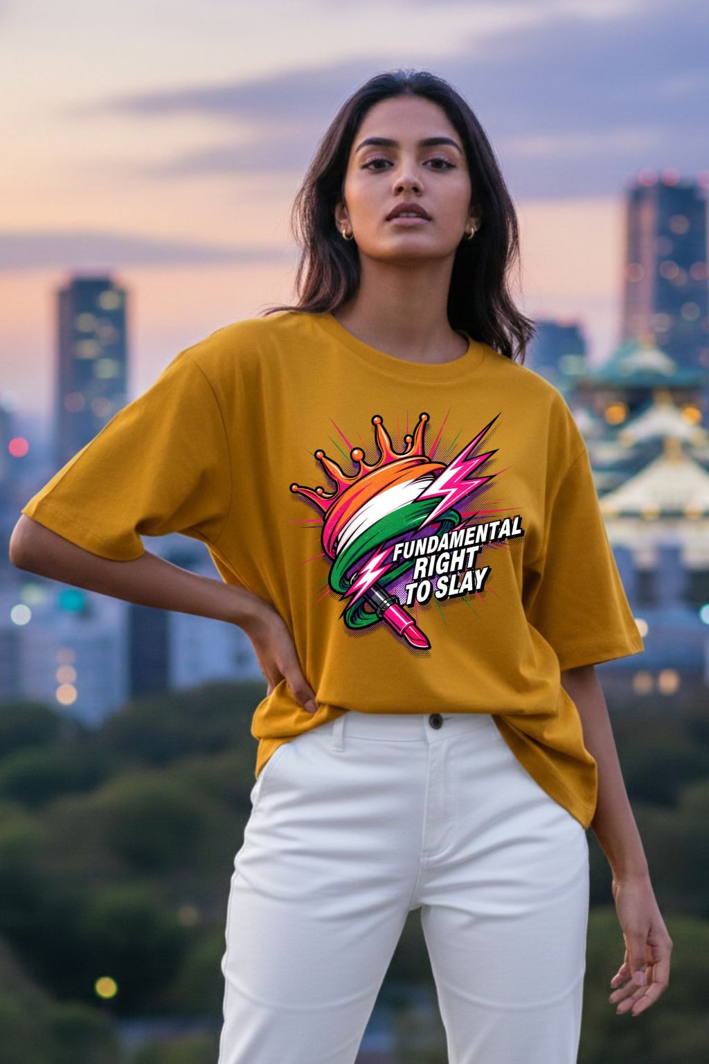 Woman wearing a golden yellow oversized  t-shirt with a colorful graphic design in an urban setting.