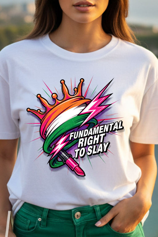 close up view of a woman wearing a white oversized  t-shirt with a colorful graphic and text.