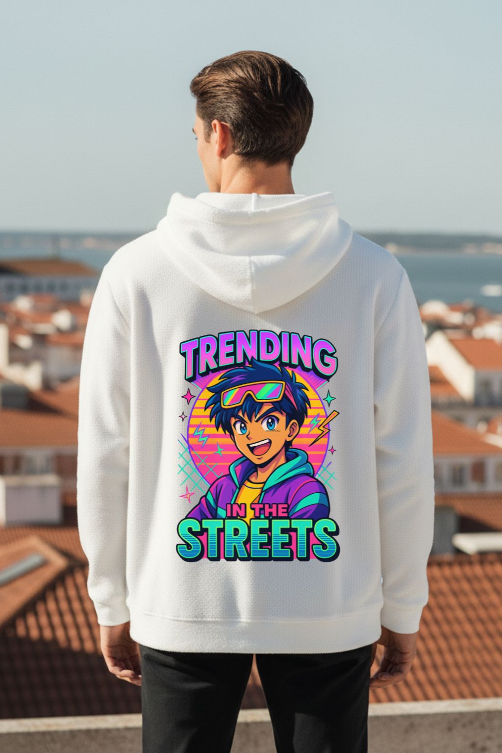 Back print view — Game On retro gaming oversized hoodie white — full graphic DTF print — ZUPPI men's streetwear