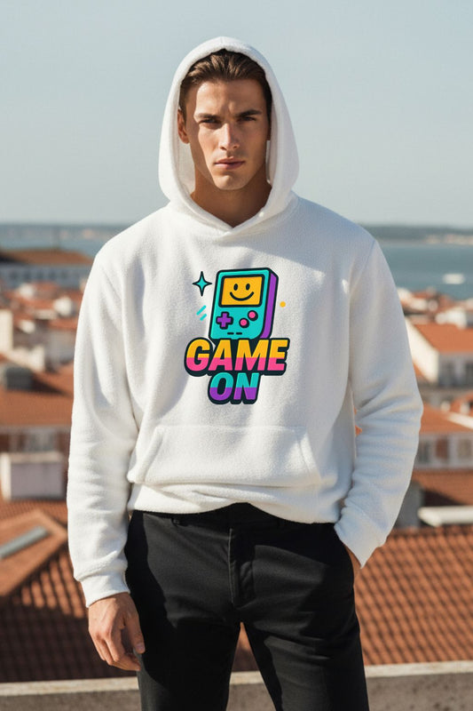 Game On retro gaming console oversized hoodie for men in white — gamer streetwear India — ZUPPI