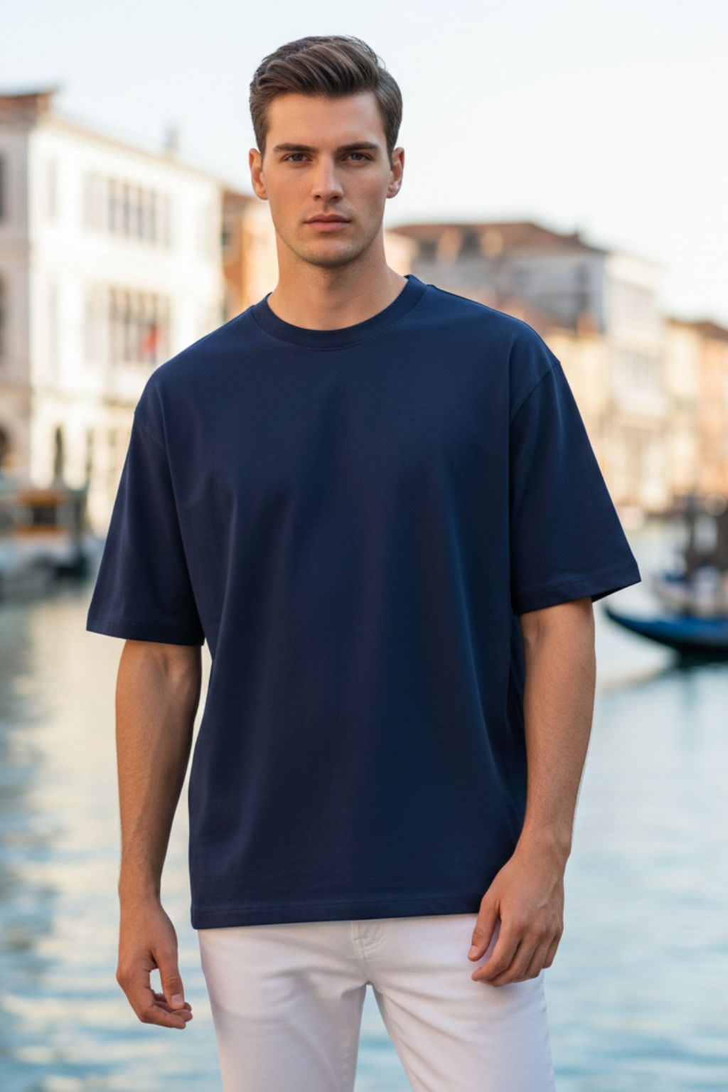 Man wearing a royal blue oversized t-shirt standing by a waterfront with buildings in the background
